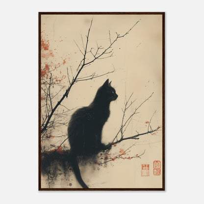 A silhouetted cat sitting on a branch in an ink wash painting with red splashes and seals.