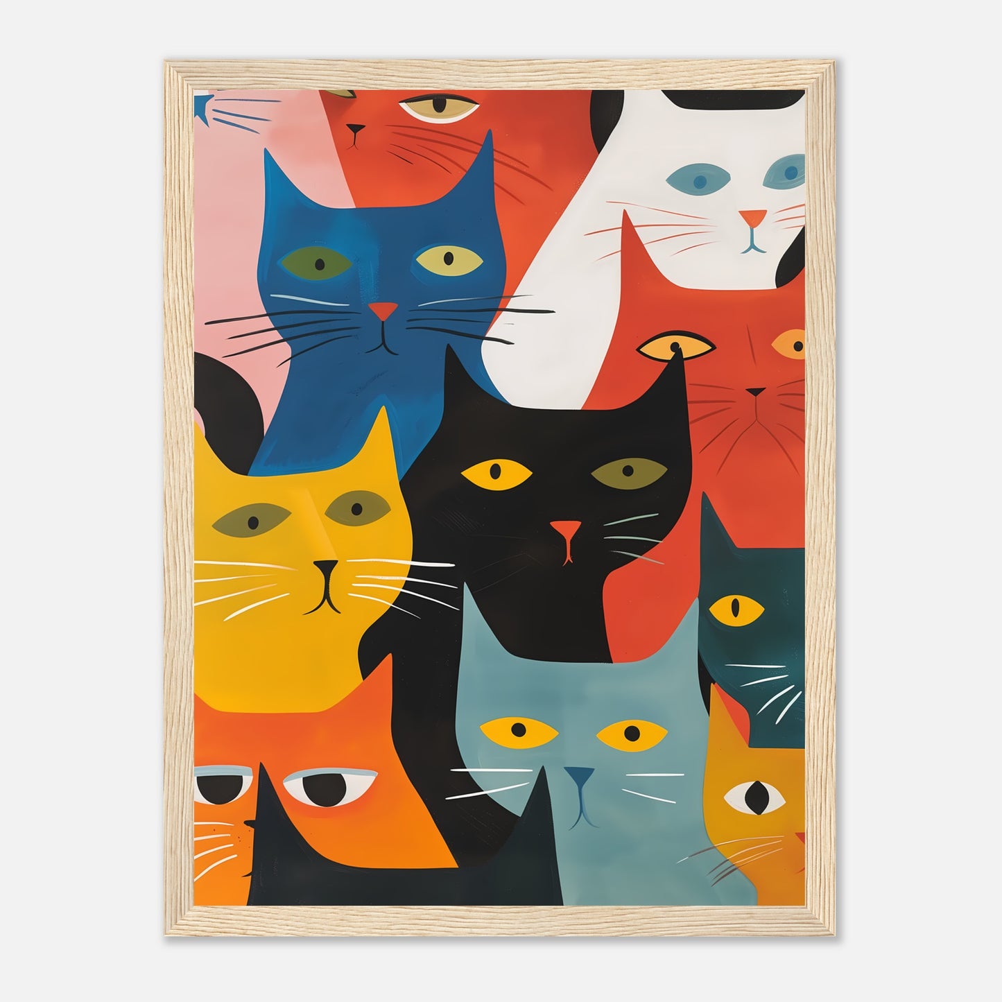 Colorful artistic illustration of various stylized cats on a canvas.