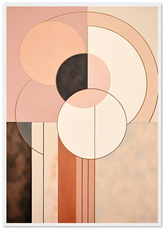 Abstract art with geometric shapes and circles in soft earth tones.