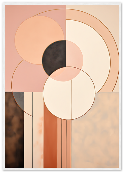 Abstract art with geometric shapes and circles in soft earth tones.