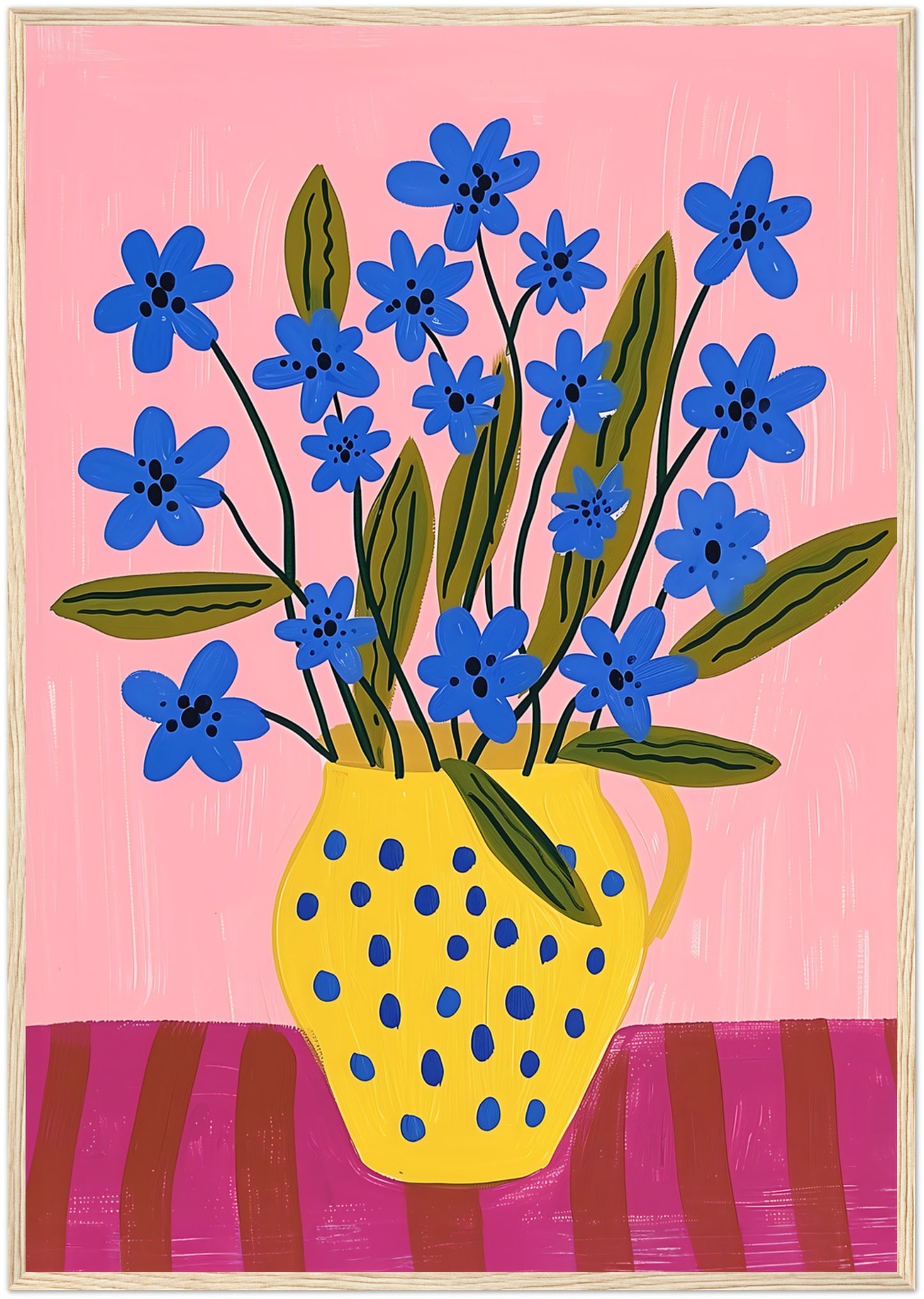 Illustration of blue flowers in a yellow dotted vase against a pink background.