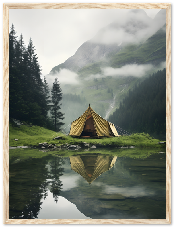 A serene campsite with a tent by a mountain lake, reflected in the water, framed by trees.