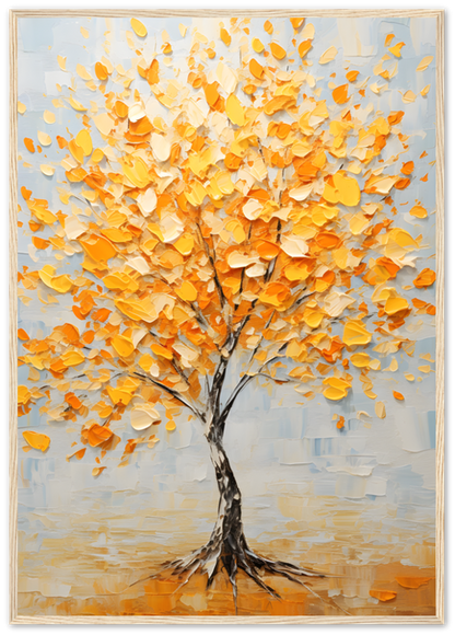 A textured painting of a vibrant tree with golden leaves on a framed canvas.