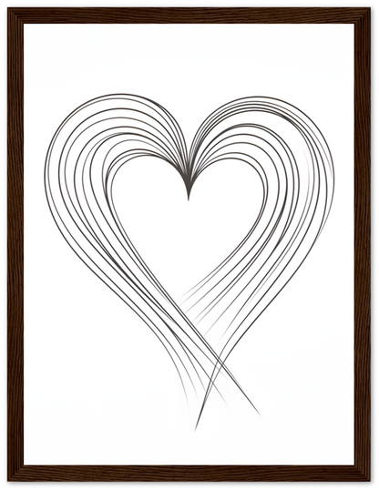 A framed black and white line art illustration of a heart shape within a wooden frame.