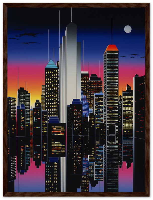 A stylized cityscape at night with illuminated buildings, framed as artwork.