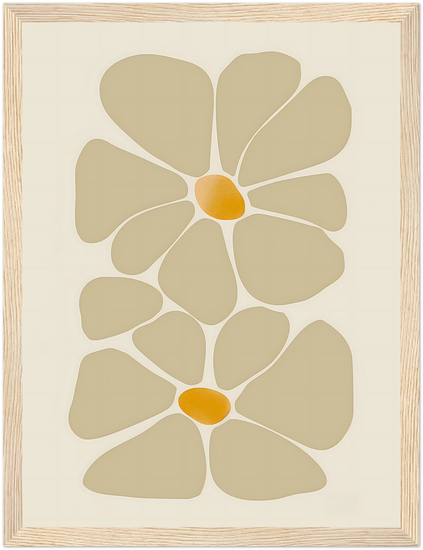 Abstract floral design in earth tones, framed with a wooden border.