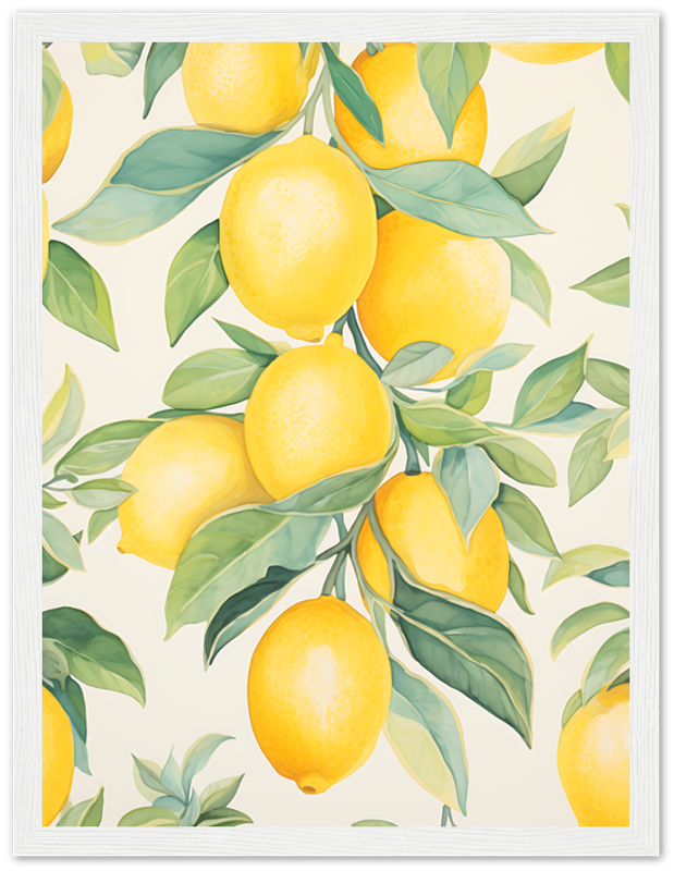Illustration of bright yellow lemons on a branch with green leaves.