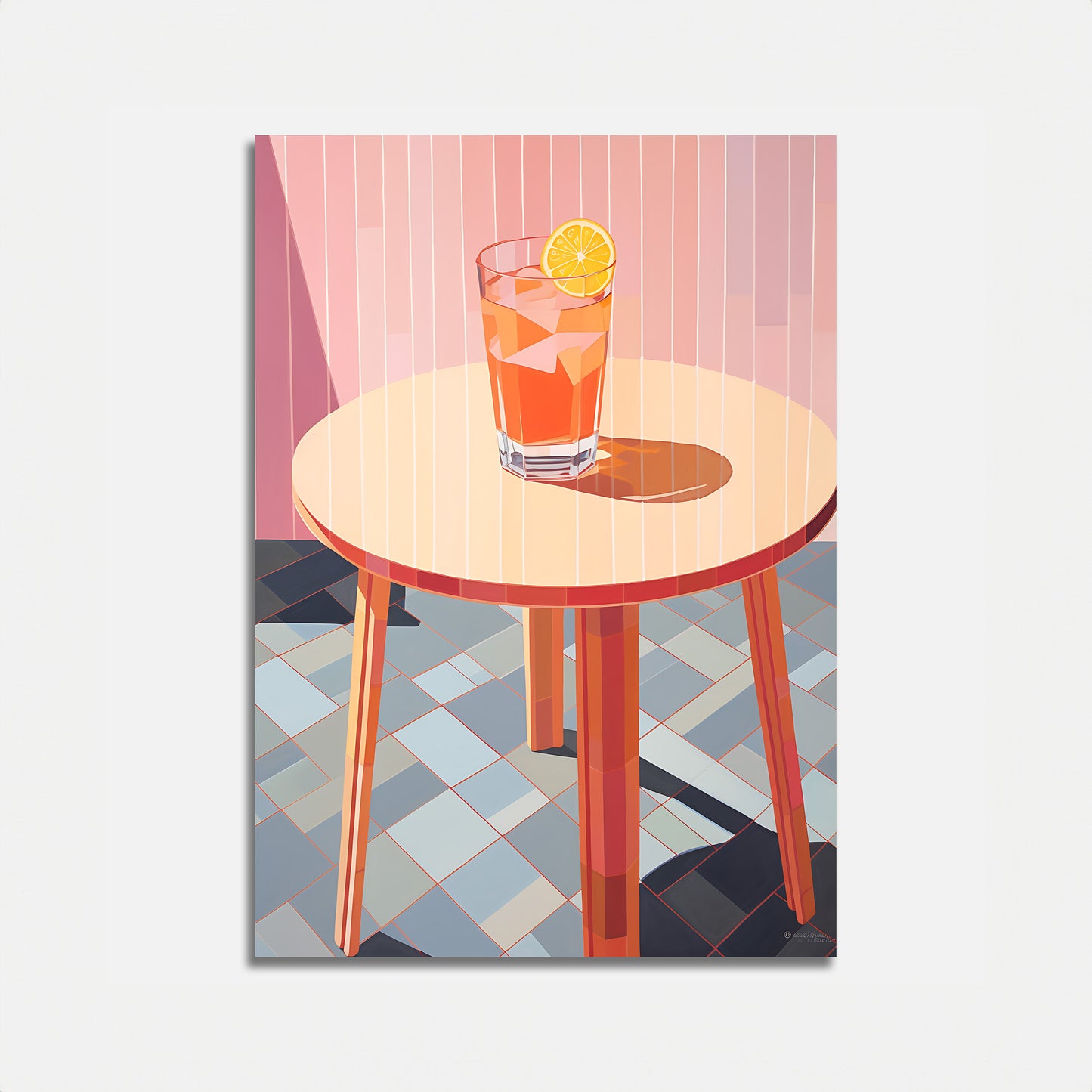 Illustration of a drink on a round table against a striped background.