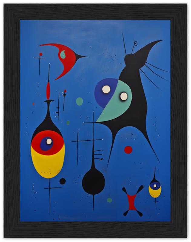 Abstract painting with colorful shapes and figures on a blue background, framed in black.