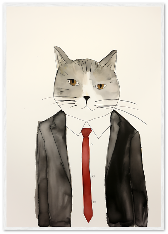 Illustration of a cat with human body in suit and tie, framed on a wall.