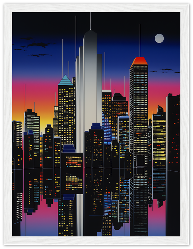 A stylized artwork of a city skyline at dusk with a wooden frame.