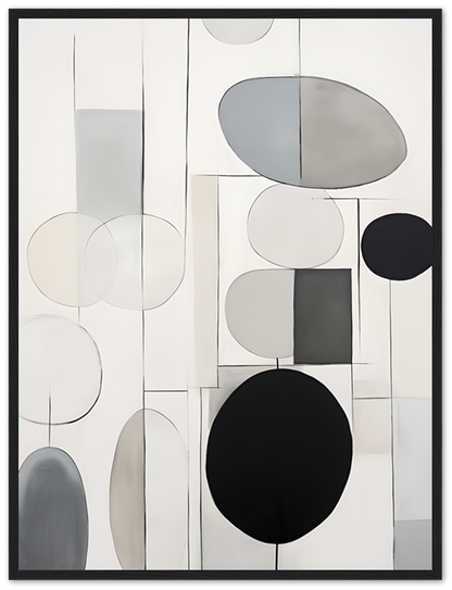 Monochrome abstract art featuring circles and rectangles with a white frame.