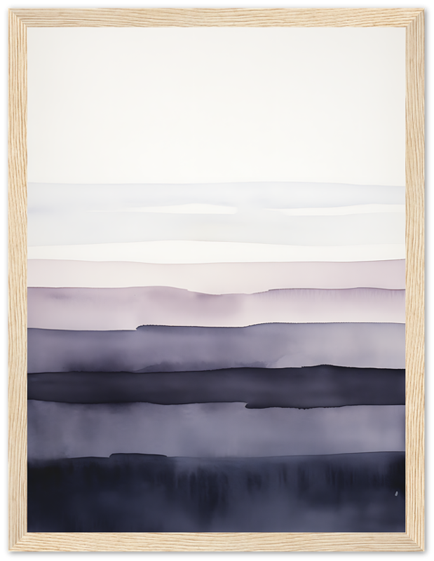 A framed, muted watercolor painting of misty, layered hills.