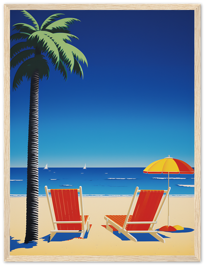 Illustration of two beach chairs under an umbrella by a palm tree with the ocean in the background.