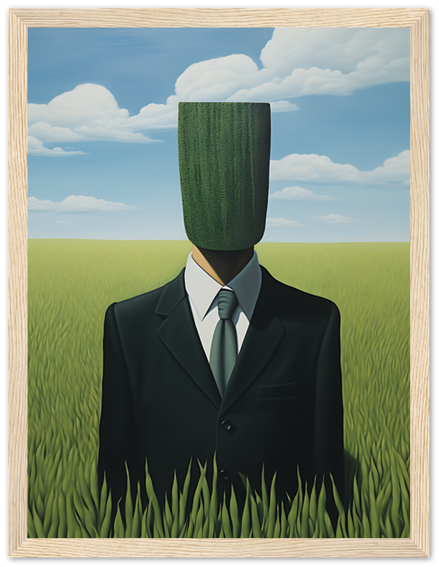 Painting of a man in suit with a green apple obscuring his face, in a field.