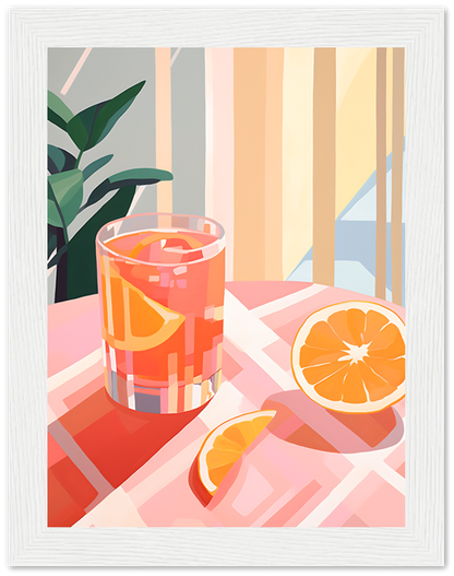 Illustration of a glass of orange juice with sliced oranges on a checkerboard table.