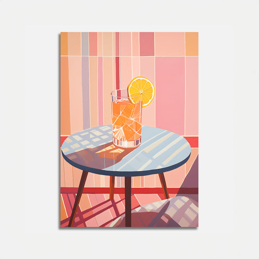 A stylized illustration of a refreshing drink on a circular table against a pink grid background.
