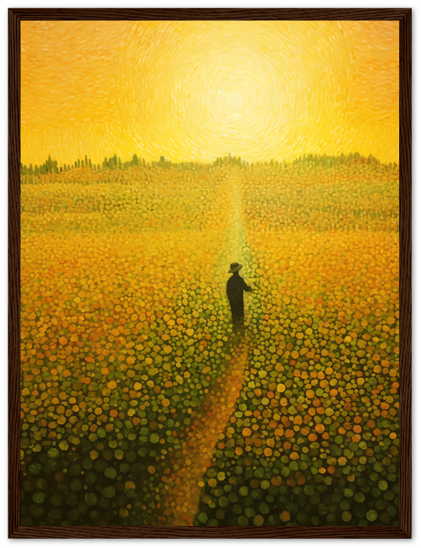 Painting of a person walking on a path through a field of flowers under a swirling yellow sky.