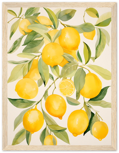 A watercolor painting of ripe lemons on branches with green leaves.