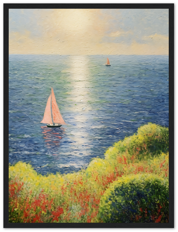 A framed painting of sailboats on a serene sea with colorful foliage in the foreground.