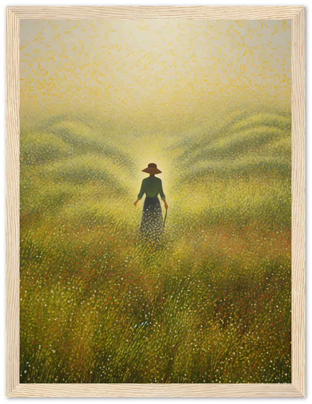 A painting of a person in a hat standing in a field of tall grass with a warm, glowing atmosphere.