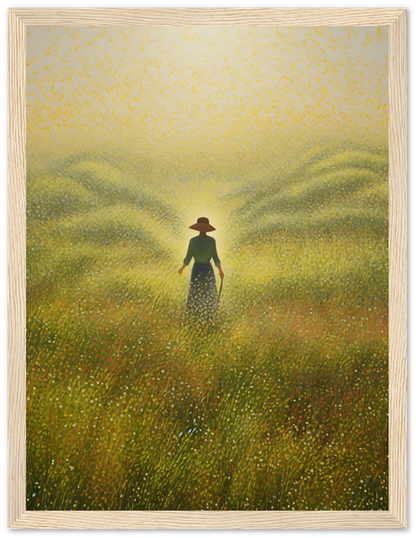 A painting of a person in a hat standing in a field of tall grass with a warm, glowing atmosphere.