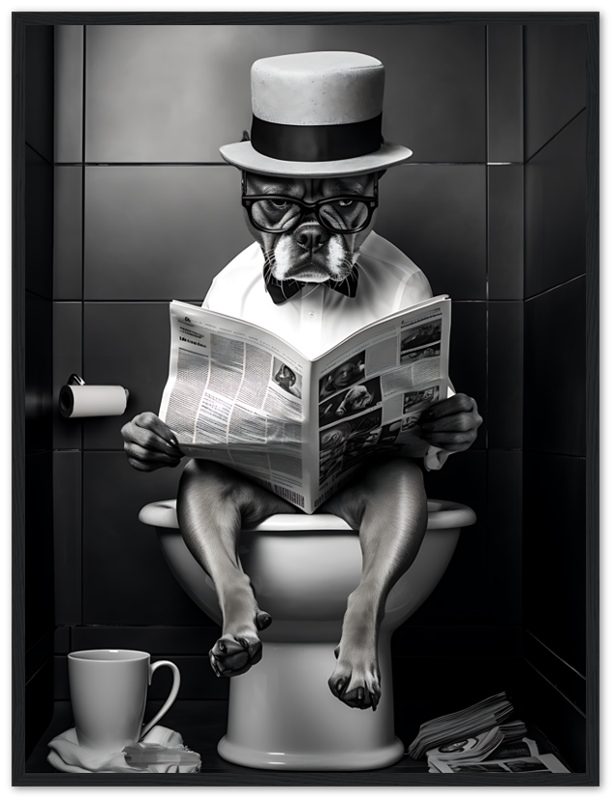 A dog with glasses and a hat reading a newspaper on the toilet.