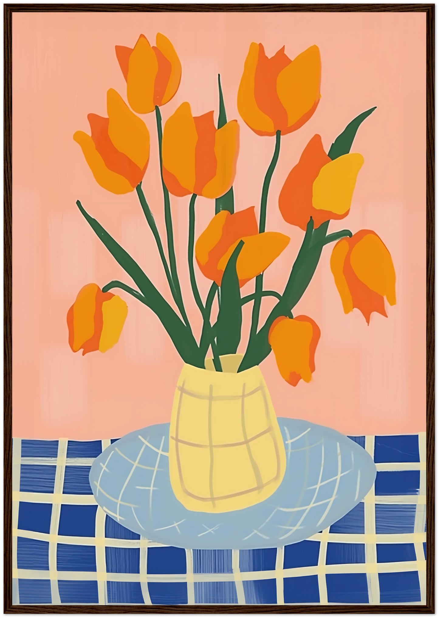 Stylized painting of orange tulips in a yellow vase on a blue checkered table.