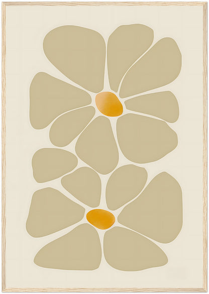 Abstract floral design in earth tones, framed with a wooden border.