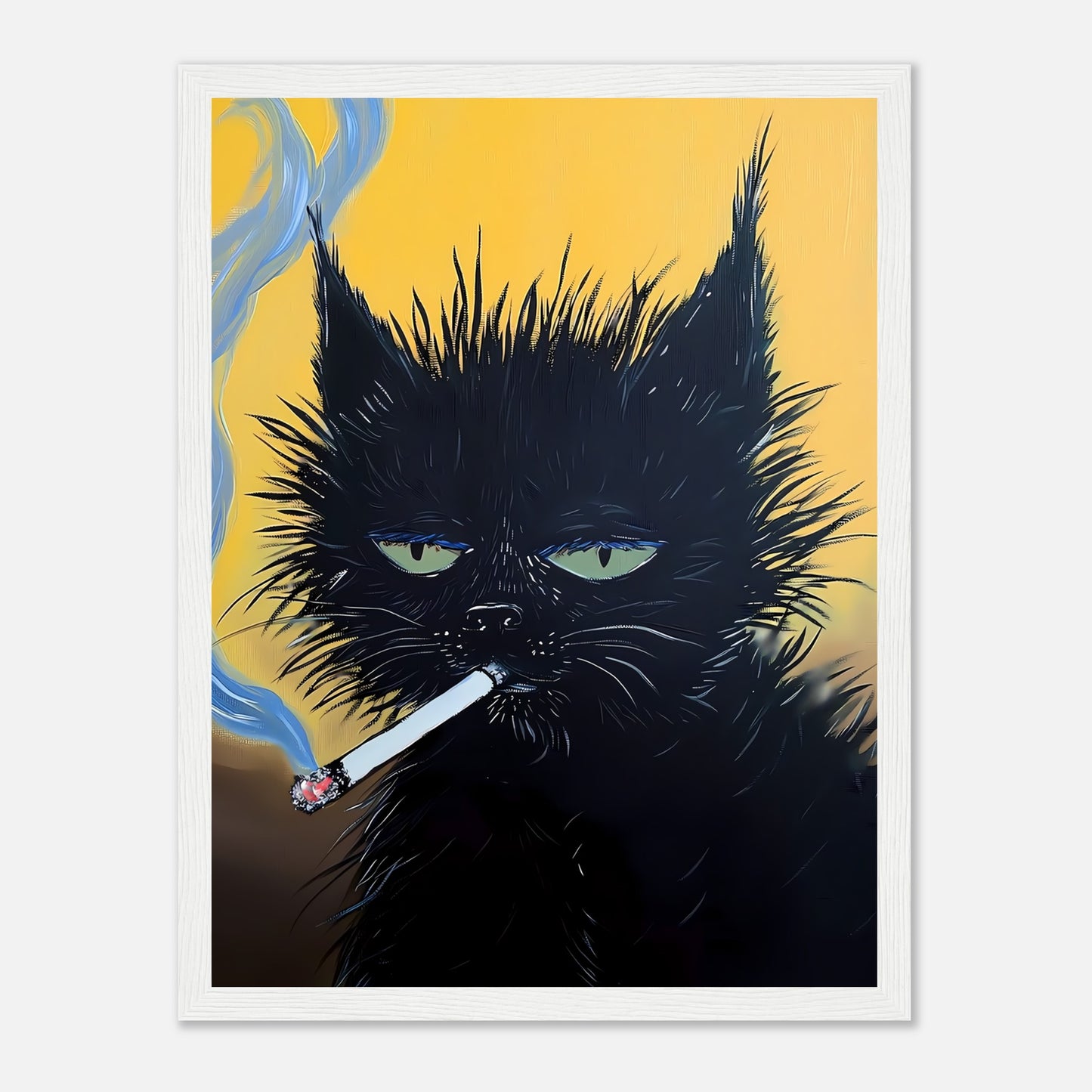 Artwork of a black cat with green eyes smoking a cigarette, against a yellow background.