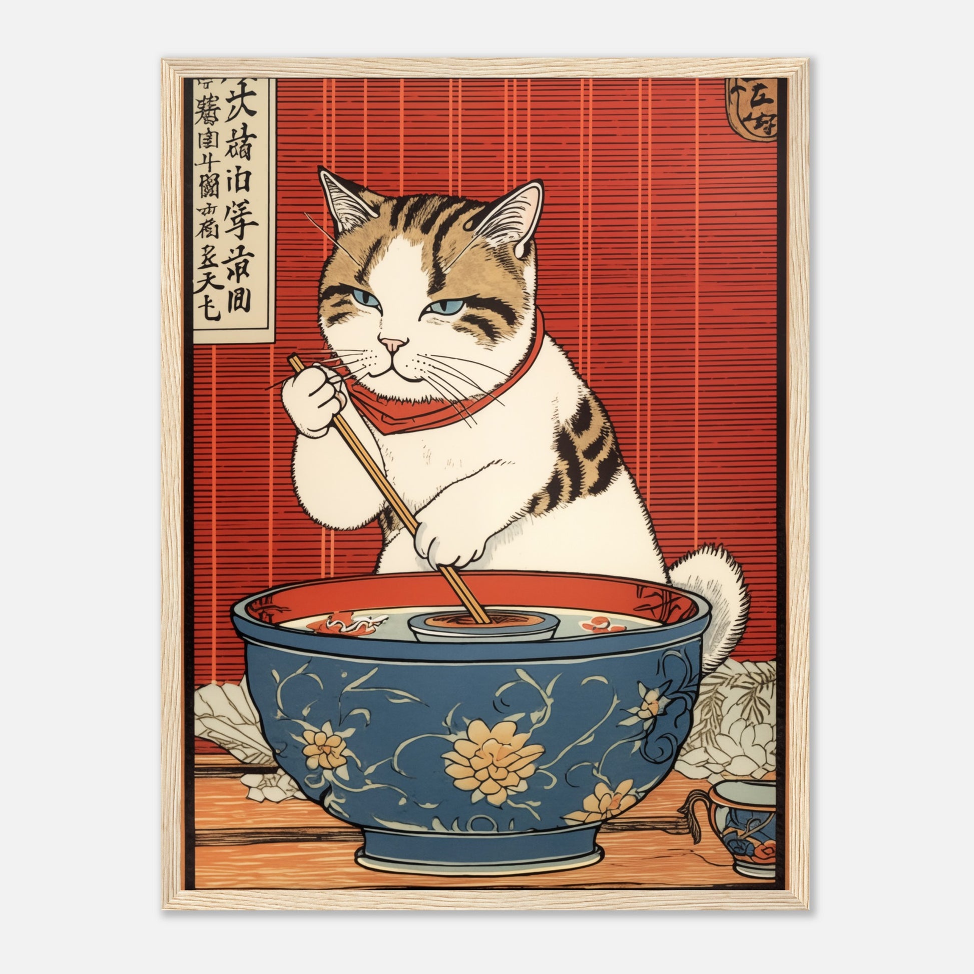 A traditional Japanese woodblock print of a cat eating from a bowl with chopsticks.