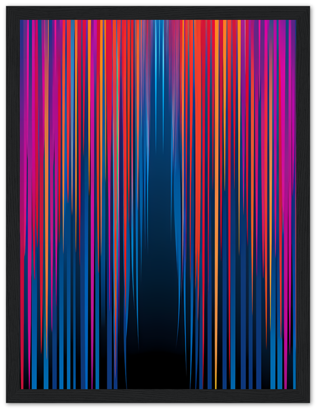 Abstract colorful streaks on a dark background framed with a wooden frame.