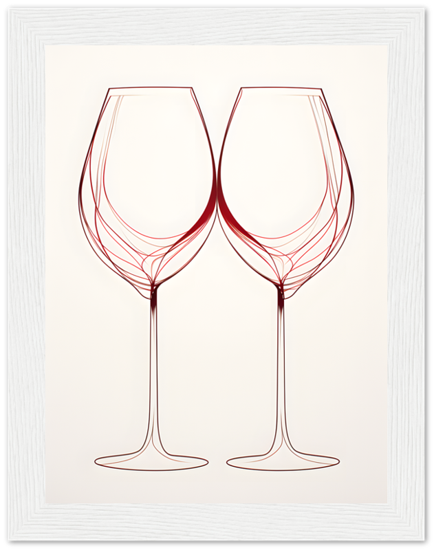 Two wine glasses with an abstract red swirl design on a framed background.