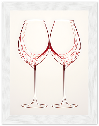 Two wine glasses with an abstract red swirl design on a framed background.