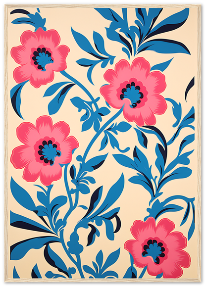 Vintage floral pattern with pink flowers and blue leaves on a cream background.