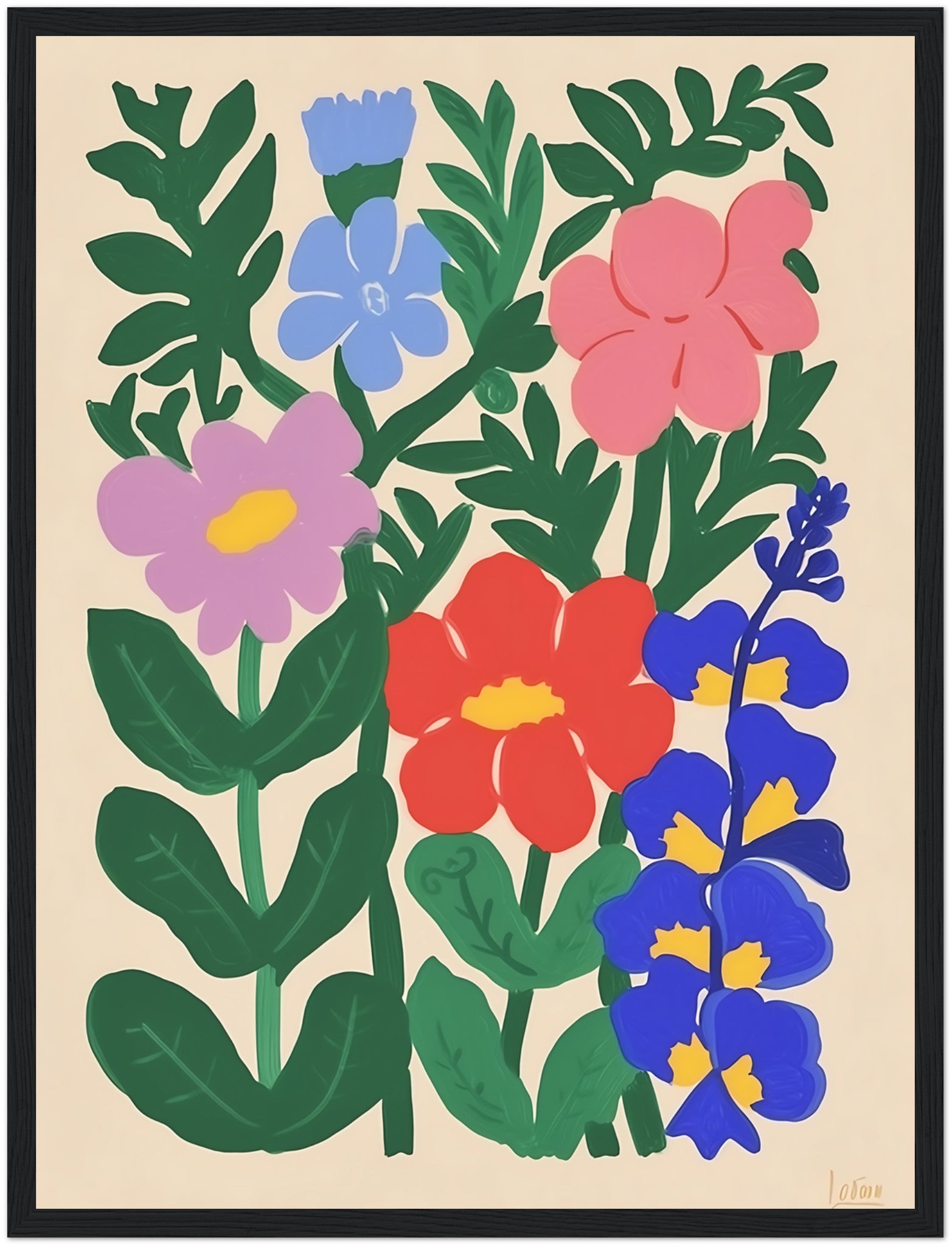 Colorful illustrated flowers and leaves in a decorative, simple style on a light background, framed.