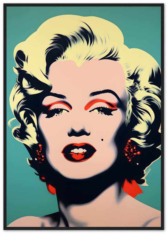 Pop art style portrait of a blonde woman in a wooden frame.