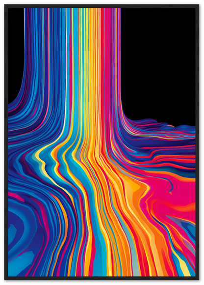 A framed abstract artwork with flowing multicolored lines on a black background.