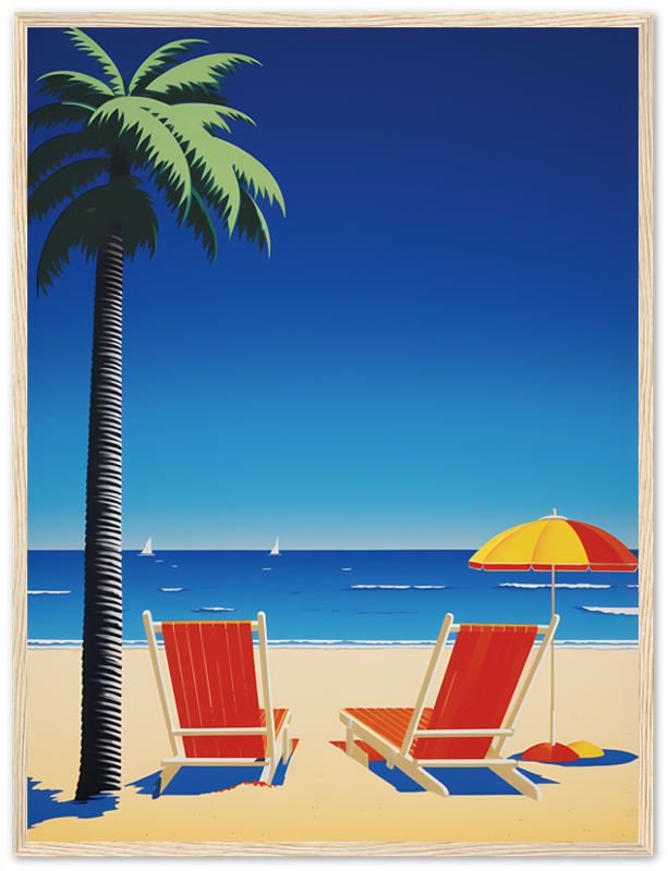 Illustration of a beach scene with palm tree, chairs, umbrella, and sailboats.