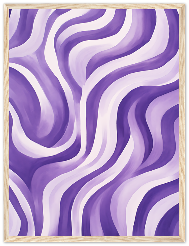 "Abstract wavy pattern painting in shades of purple within a wooden frame."