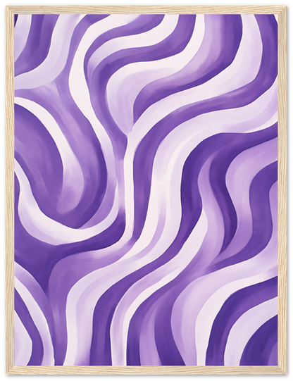 "Abstract wavy pattern painting in shades of purple within a wooden frame."