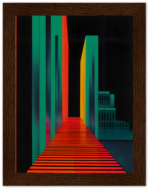 Abstract digital art of a colorful geometric pathway inside a wooden frame.