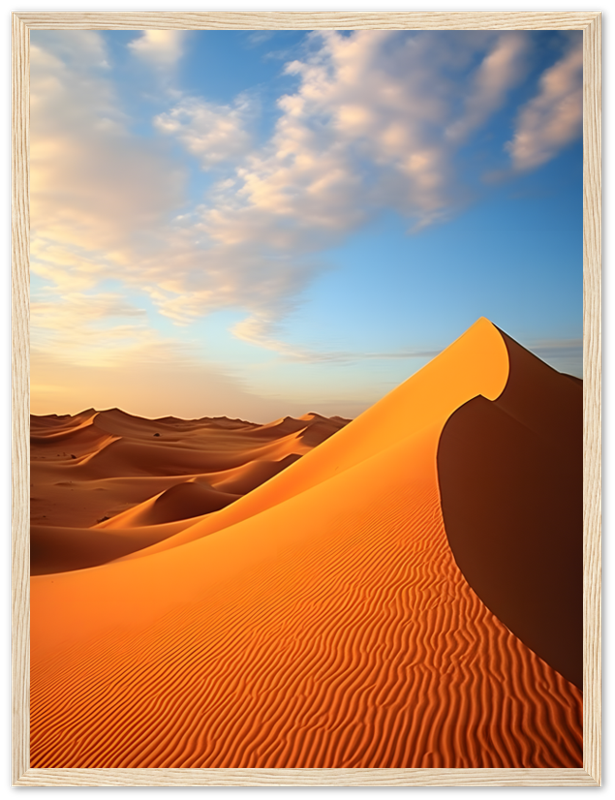 A serene desert landscape at sunset with sand dunes and a vibrant sky.