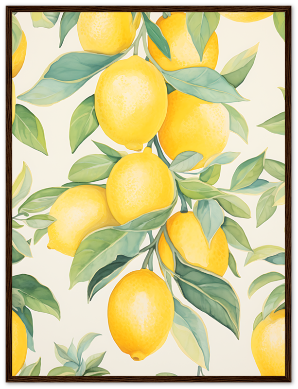 A framed illustration of ripe lemons on branches with green leaves.