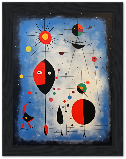 Abstract artwork with colorful geometric shapes and celestial motifs in a black frame.