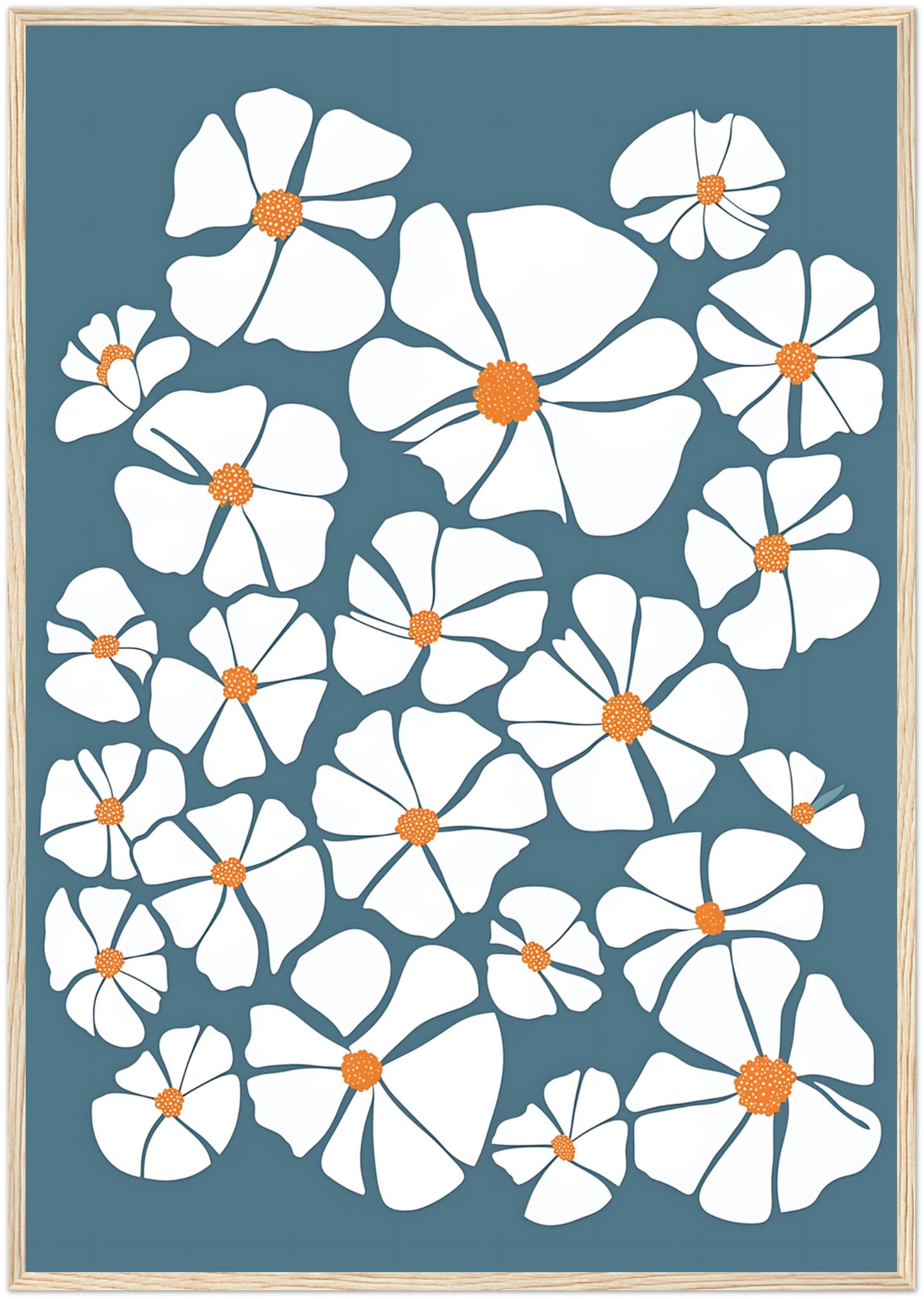 A framed illustration of stylized white flowers with orange centers on a blue background.