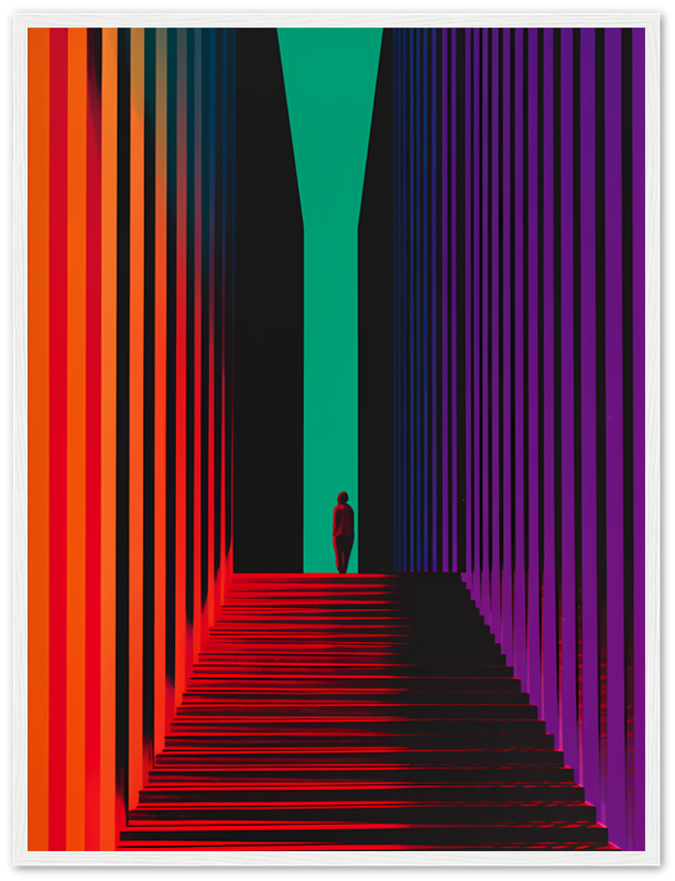 Abstract colorful geometric artwork with a person silhouetted in the center.