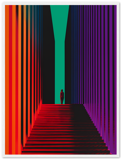 Abstract colorful geometric artwork with a person silhouetted in the center.