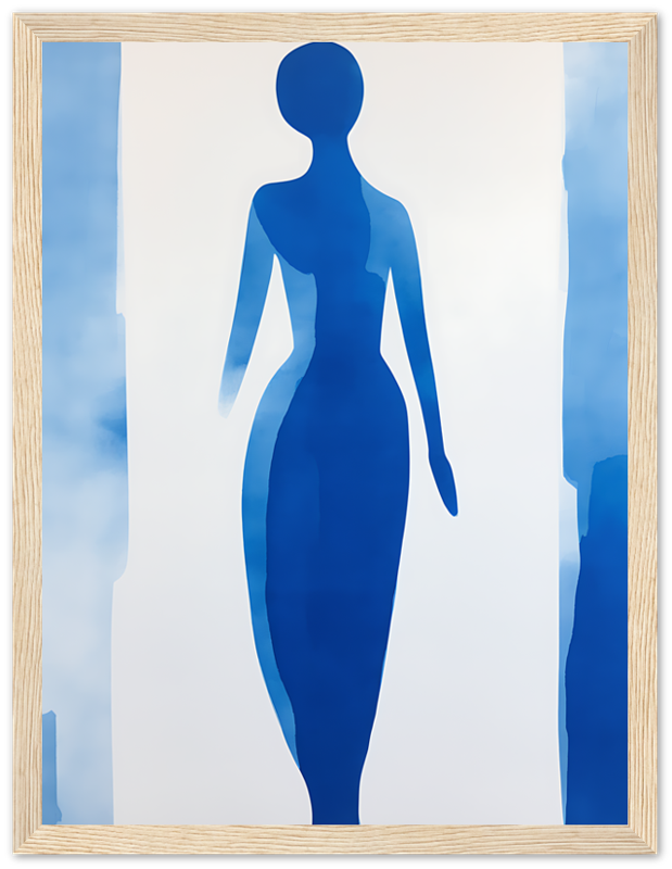 Abstract blue silhouette of a woman in a white frame.