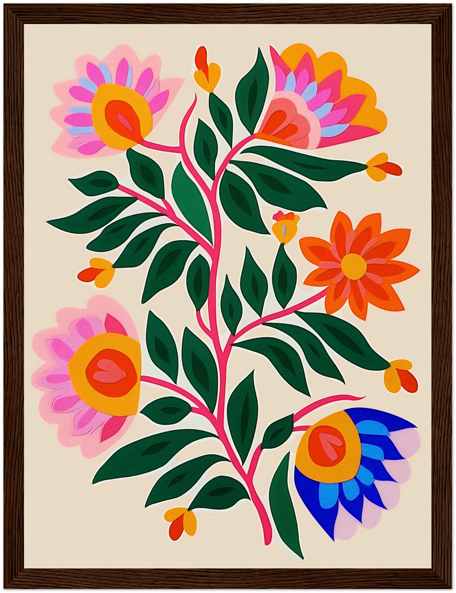 Colorful stylized floral art with pink, orange, and blue flowers on a light background, framed.